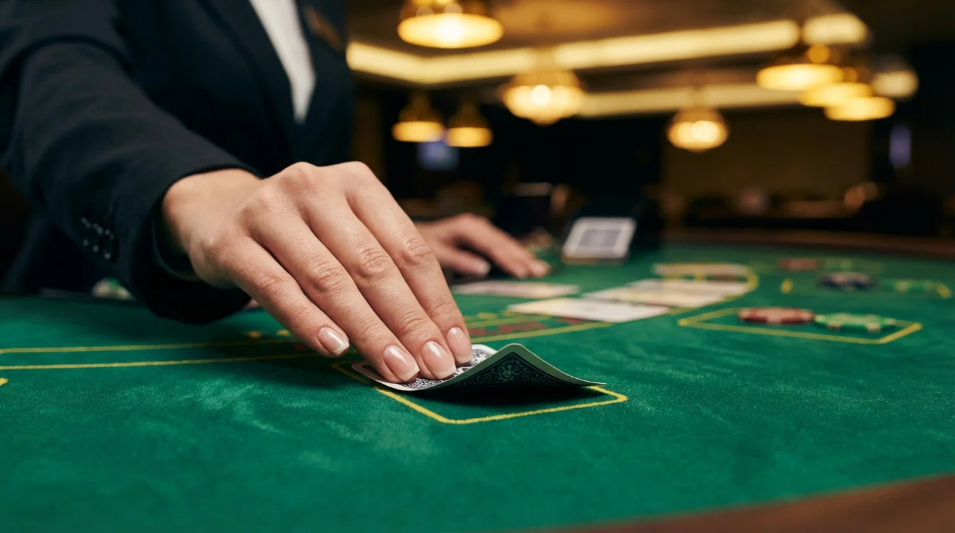 Elegant baccarat table with cards being dealt on green baize in a refined casino setting