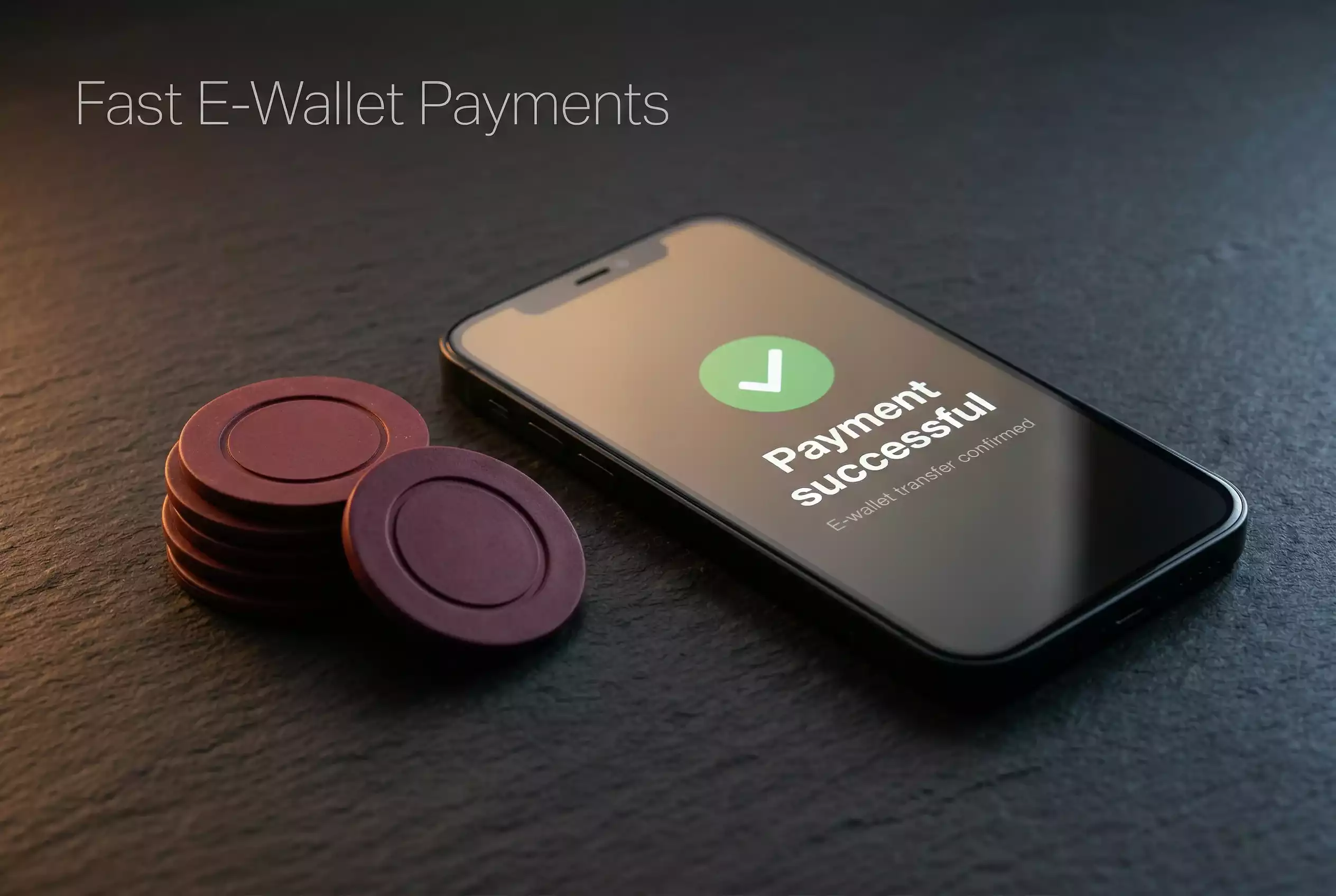 Smartphone showing a digital e-wallet payment confirmation with casino chips nearby