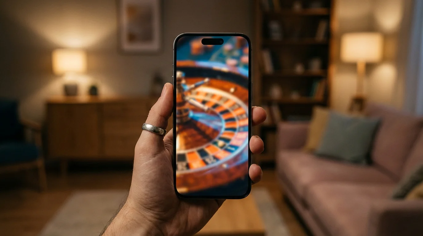 Smartphone displaying a mobile casino interface held in hand against a softly lit background