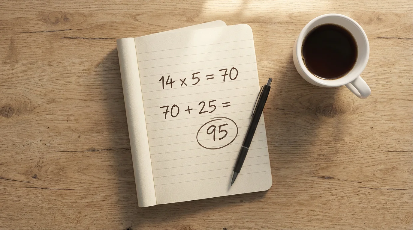 Flat-lay photograph of a notebook open to a page of handwritten calculations next to a cup of coffee and a pen on a wooden desk