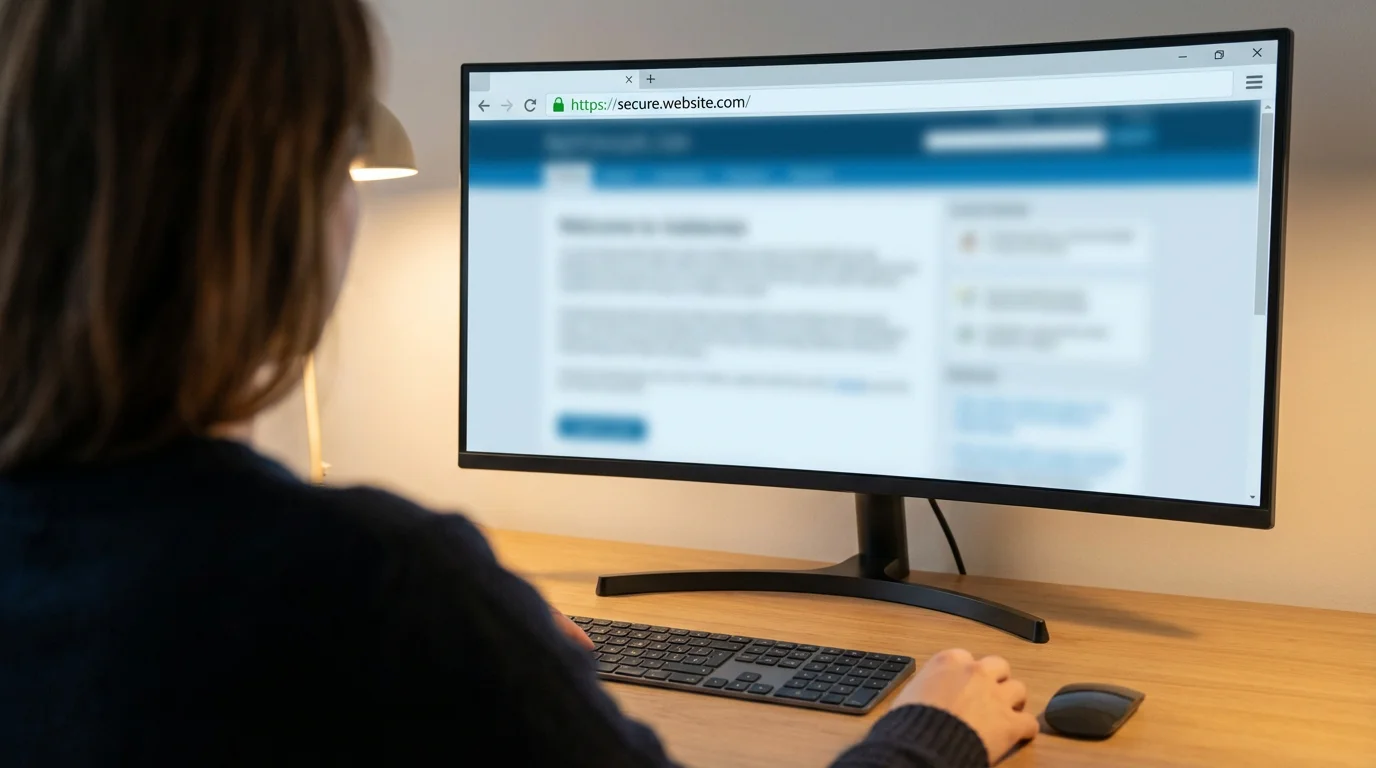 Over-the-shoulder view of a person reviewing a website on a desktop monitor with a padlock icon visible in the browser address bar