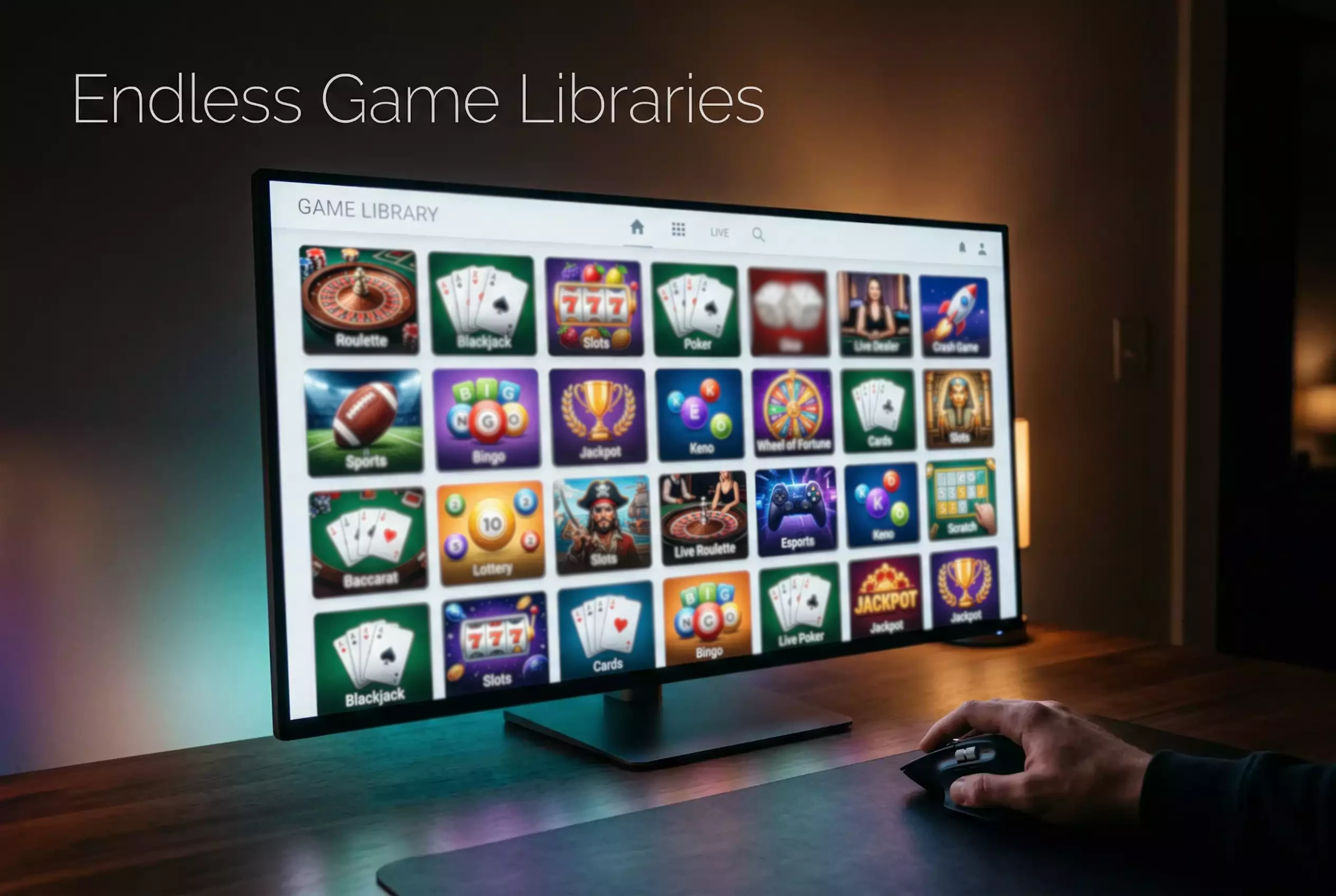 Expansive view of colourful game thumbnails in a large casino lobby representing a massive game library