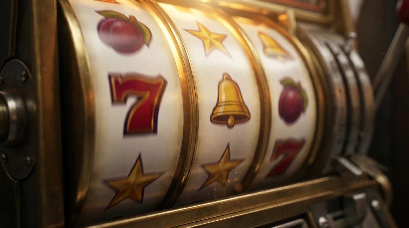 Close-up of a colourful slot machine reel mid-spin with warm glowing light for non-GamStop free spins