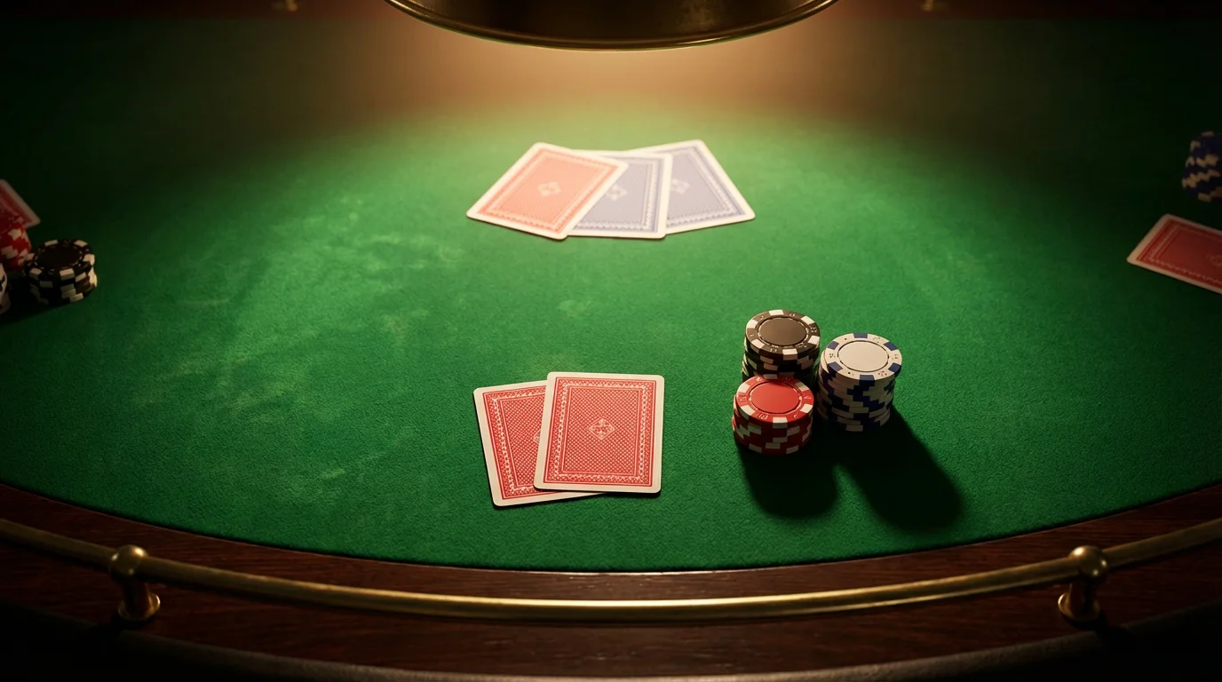 Poker table with cards and chips in a focused overhead view for non-GamStop poker sites