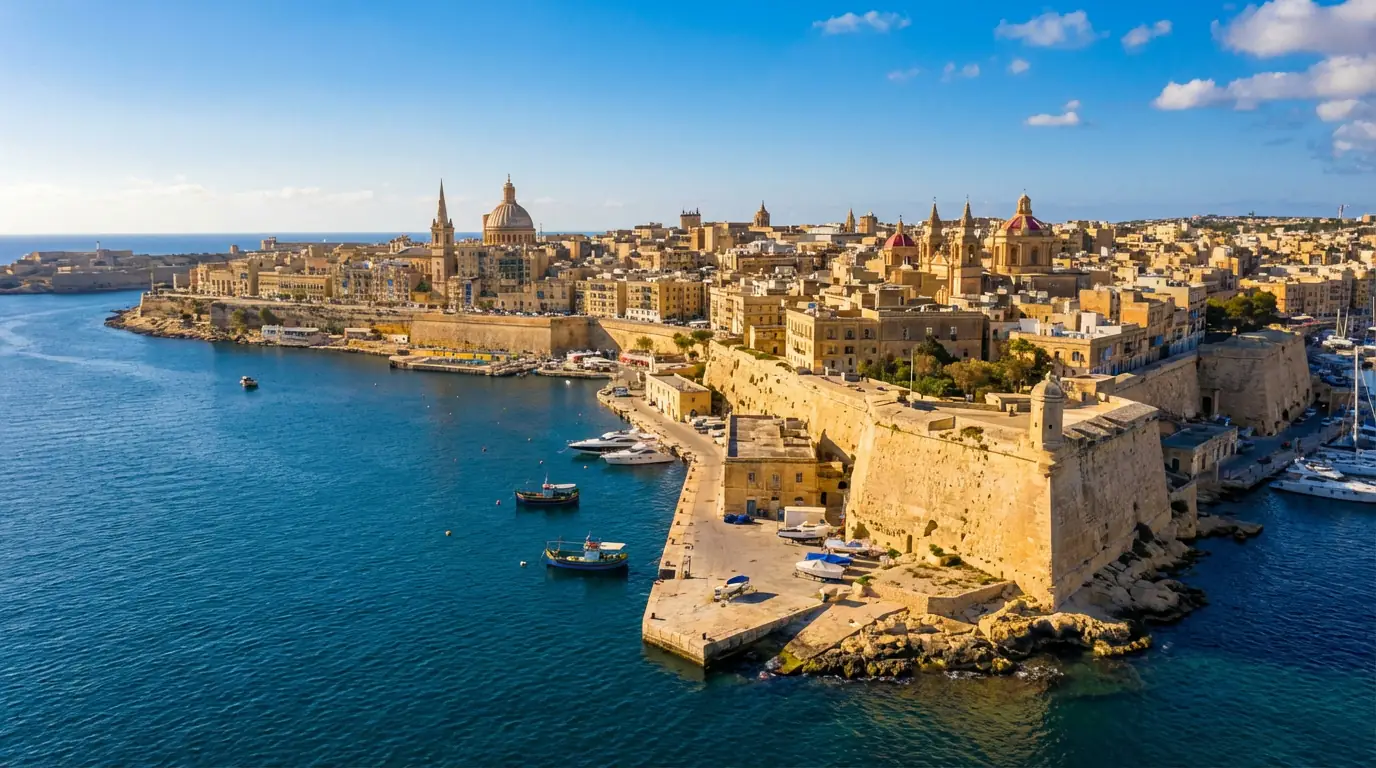 Aerial photograph of the Grand Harbour in Valletta Malta with limestone fortifications and blue Mediterranean water