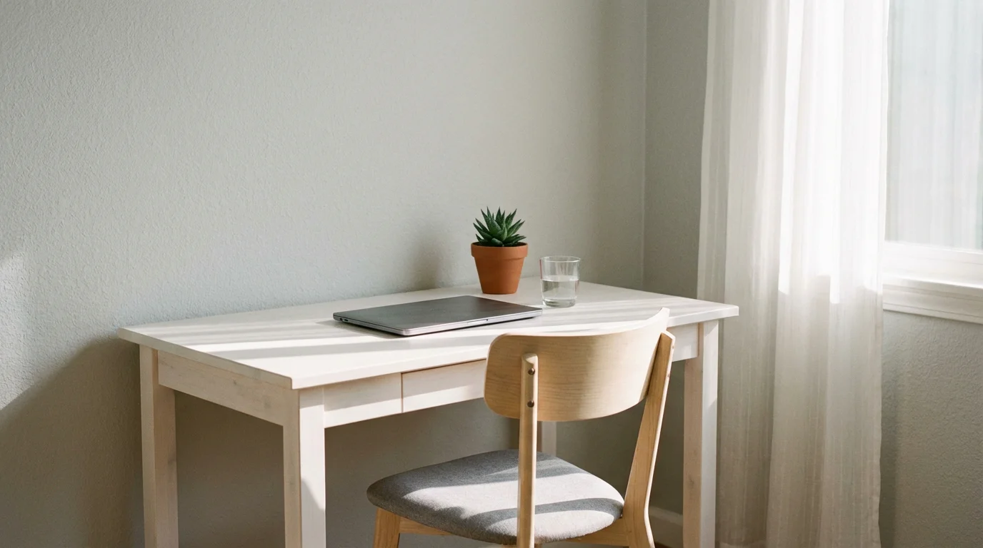 Quiet home office scene with a closed laptop on a clean desk beside a small potted plant and a glass of water in warm natural light