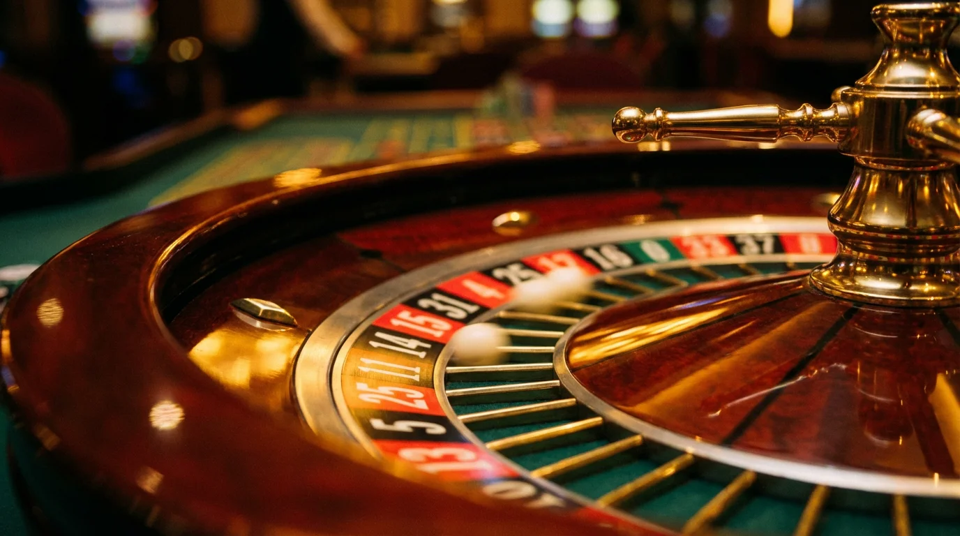 Roulette wheel spinning with the ball in motion under dramatic casino lighting