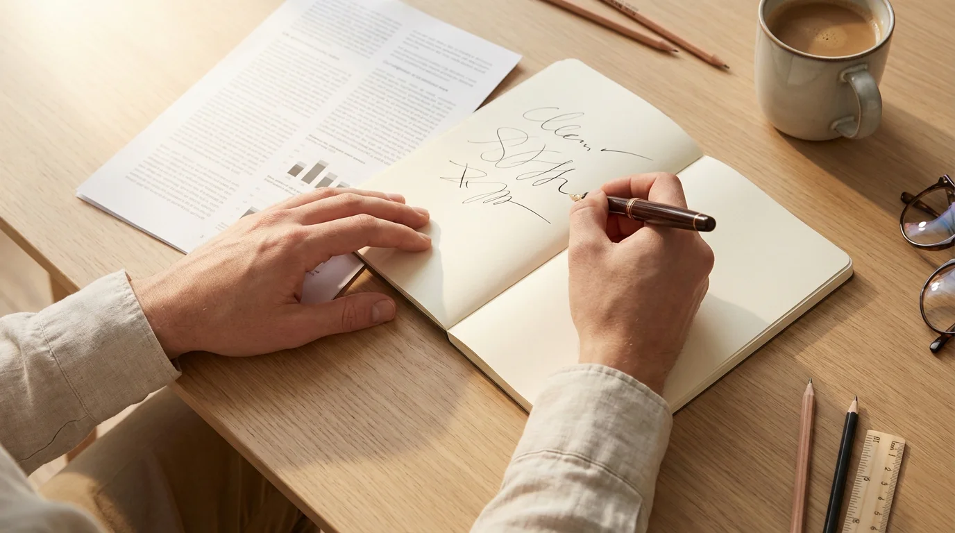 Person reviewing bonus terms on a document with a pen and notebook representing wagering requirement analysis